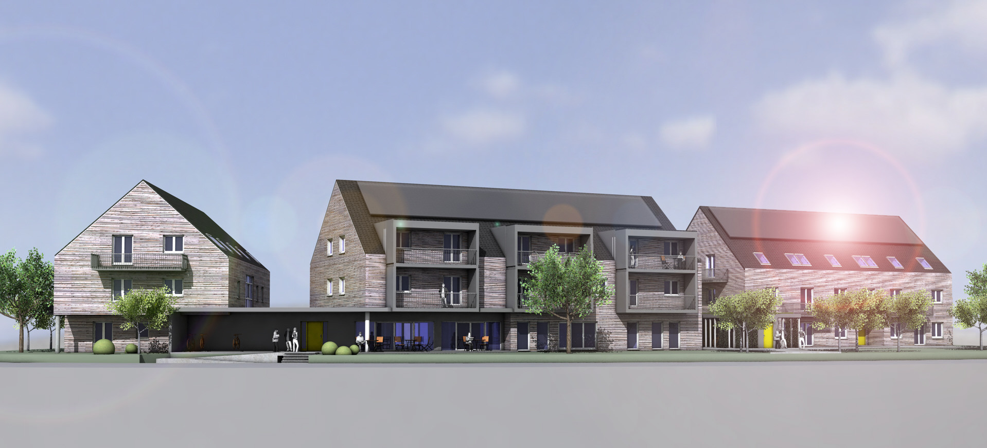 Architekturvisualisierung eines modernen Wohnensembles aus mehreren Gebäuden in Holzbauweise mit Satteldächern und begrüntem Außenraum.